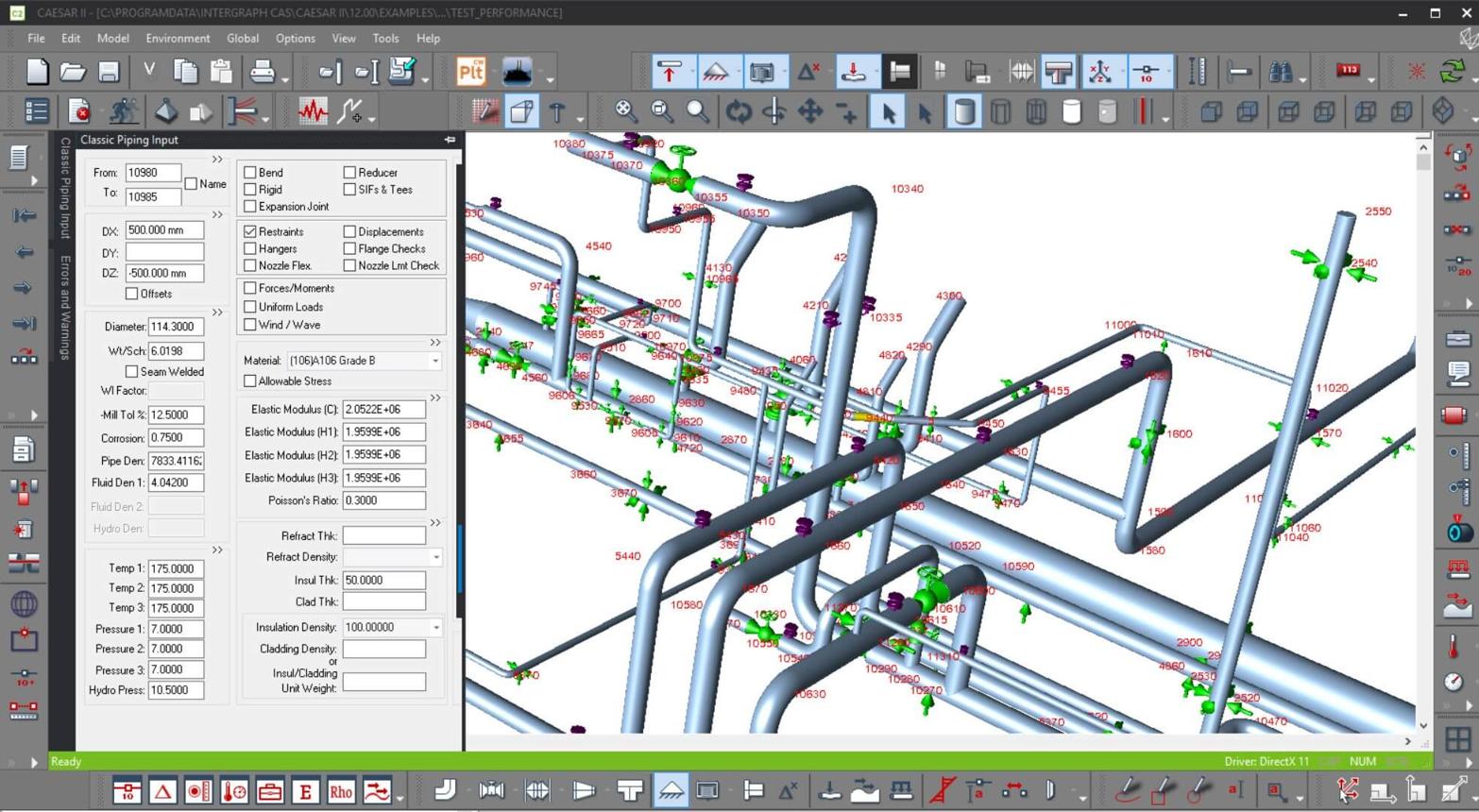 CAESAR II piping model and restraint input view
