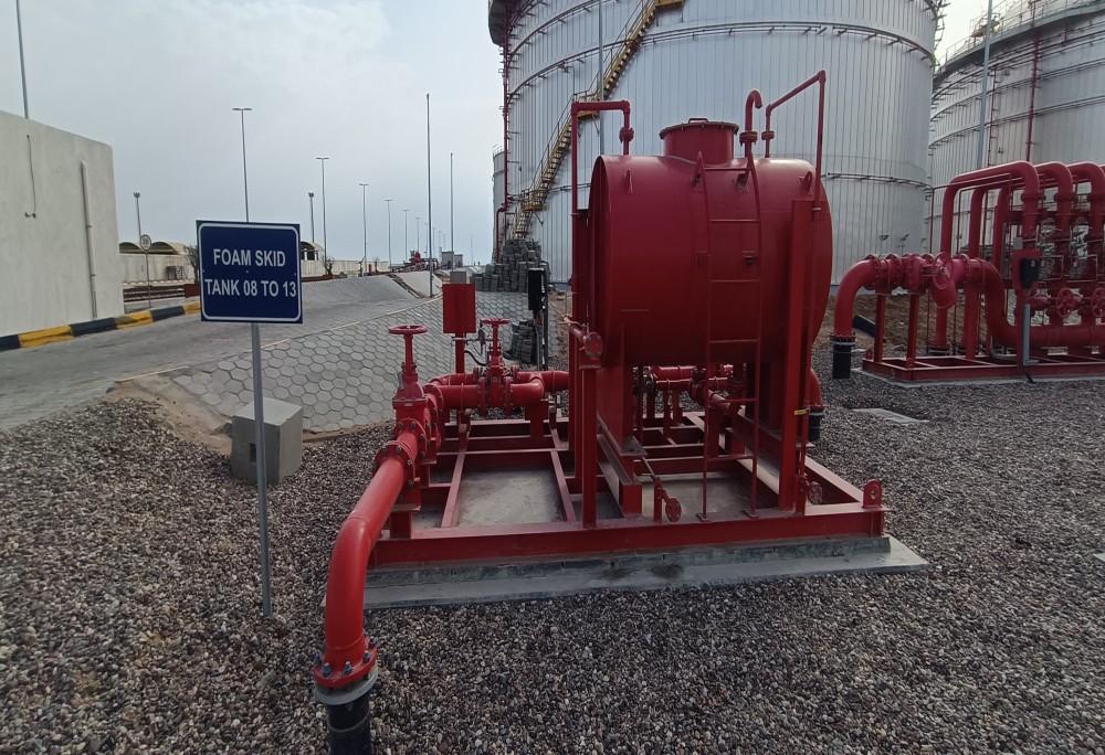 Foam skid installed beside storage tanks