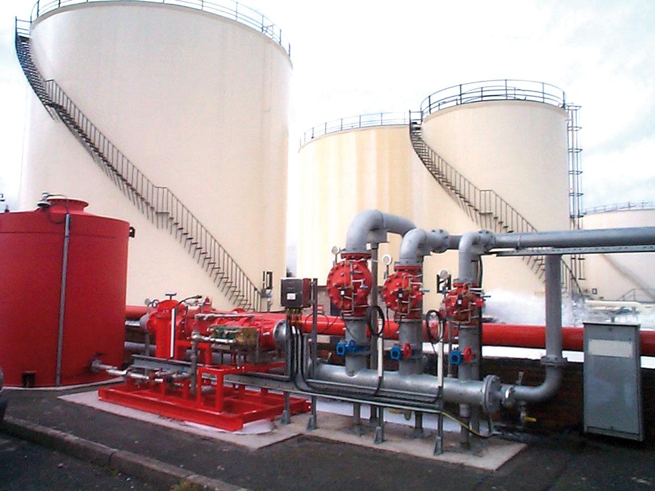 Fire-water pump system serving storage tanks